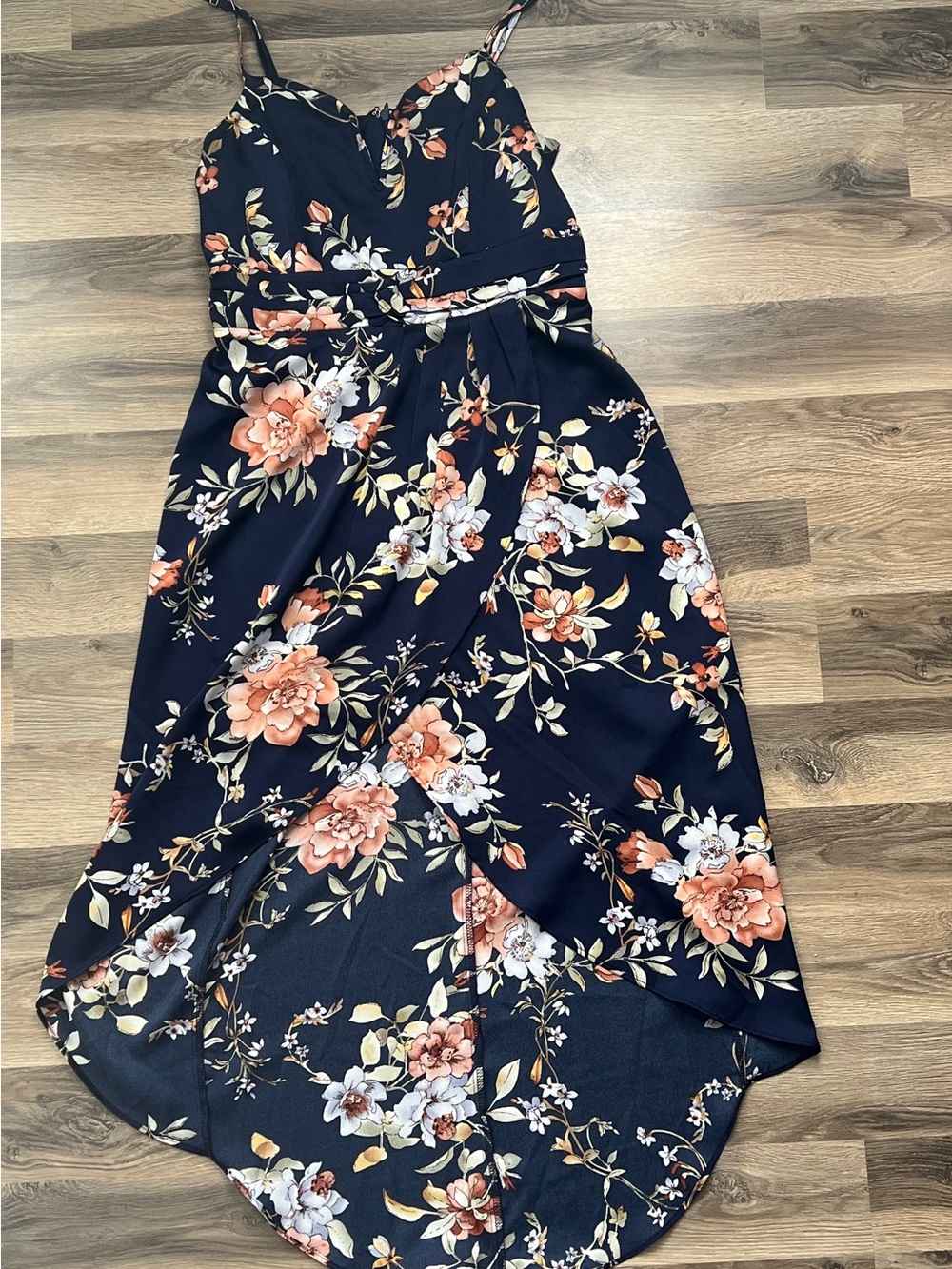 Lulu's Navy Floral High-Low Wrap Dress with Peach Blooms